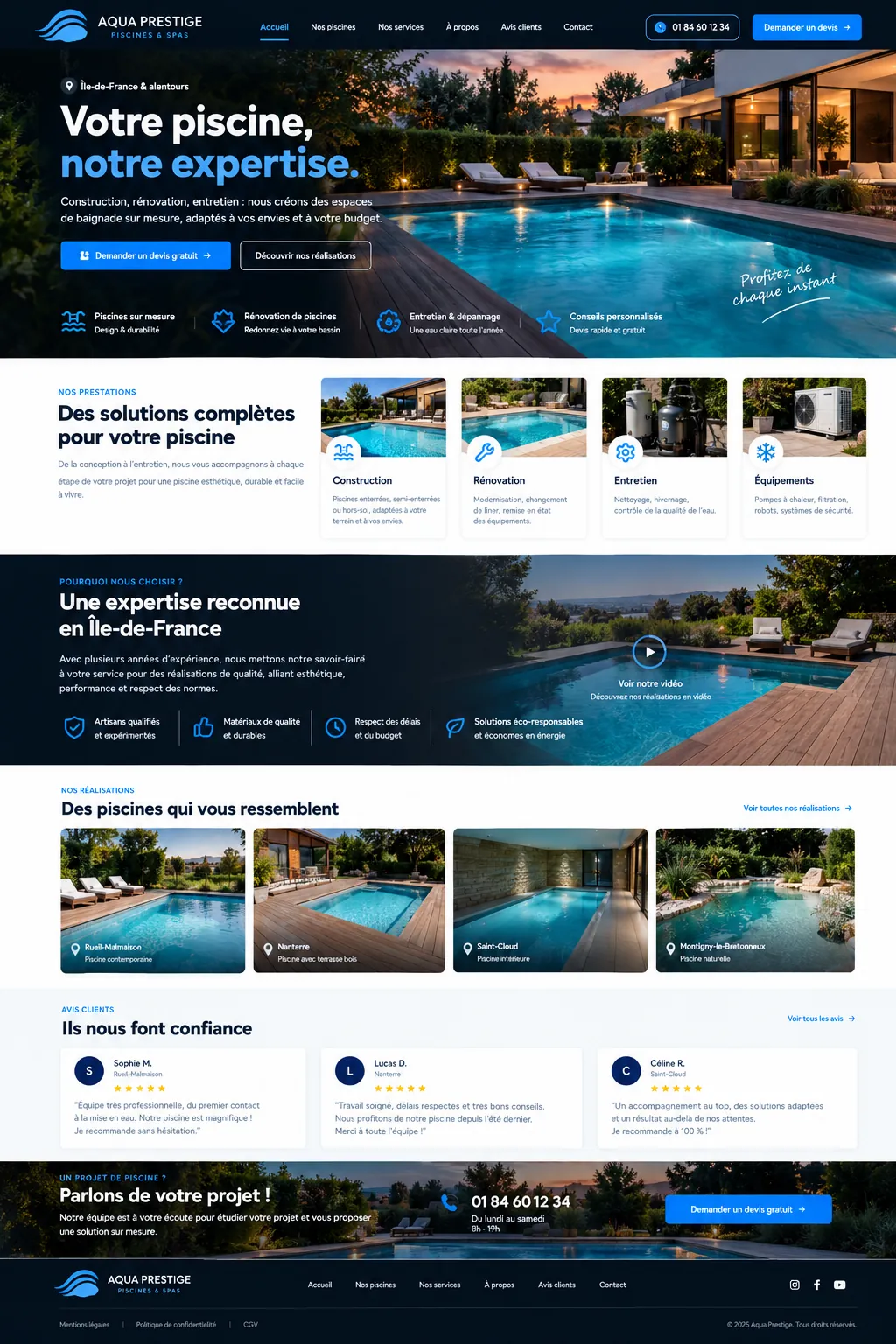 Site Aqua Prestige : la page d’accueil en entier, qui défile dans l’écran