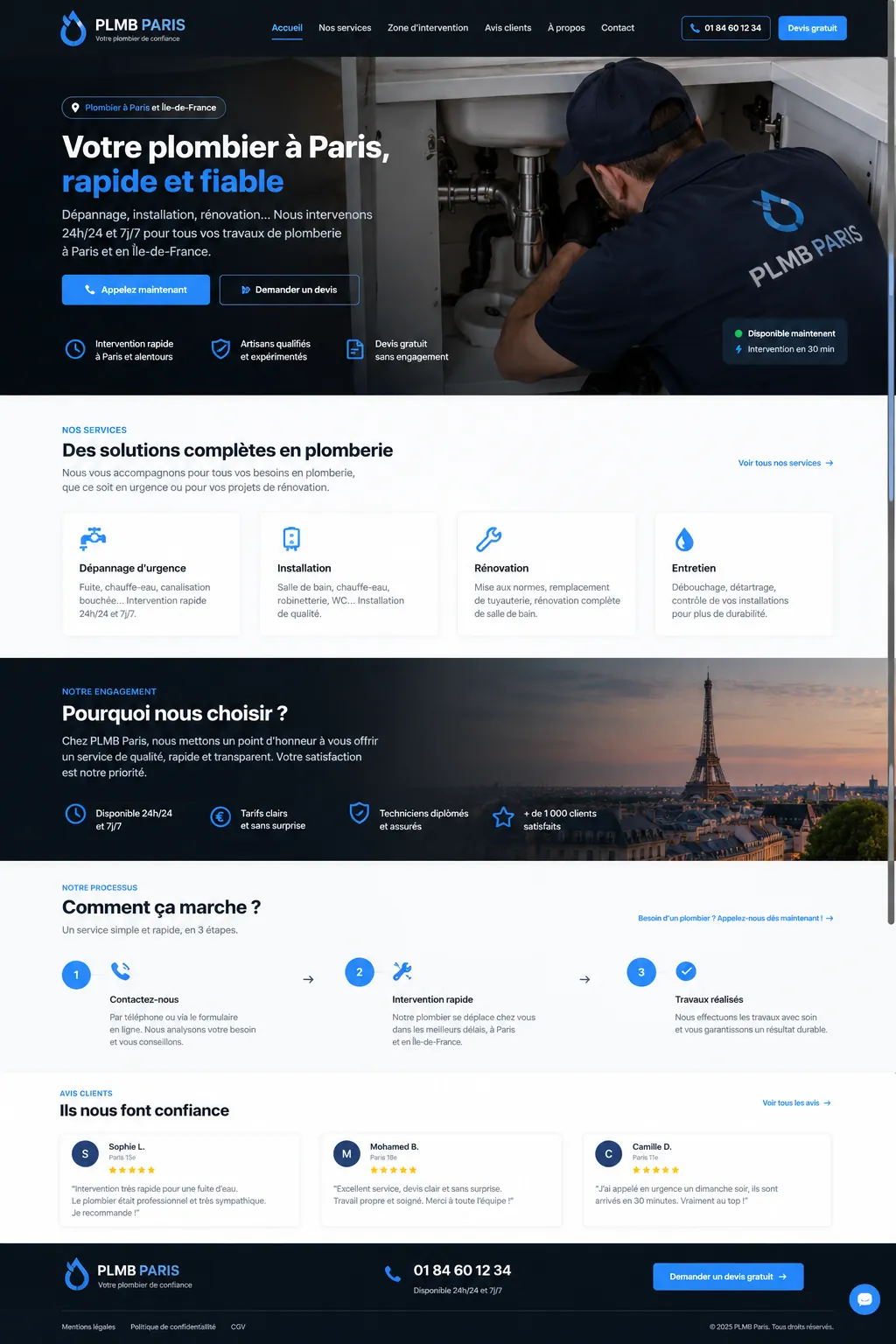 Site PLMB Paris : la page d’accueil en entier, qui défile dans l’écran